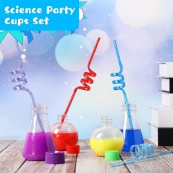 16 Pieces Science Party Theme Cups Set with Silly Loop Straws Plastic Reusable Conical Flask Round Bottom Flask Shape Bottles...