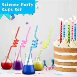 16 Pieces Science Party Theme Cups Set with Silly Loop Straws Plastic Reusable Conical Flask Round Bottom Flask Shape Bottles...