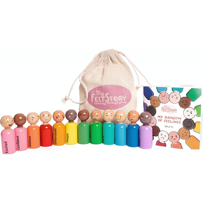 My Felt Story 12 Feeling Peg Dolls Multi Skin Tone Rainbow Wood Montessori Reggio Preschool Emotion People Figures (Multi Ski...