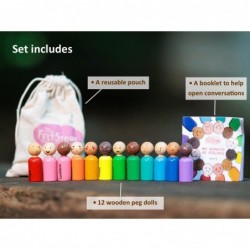 My Felt Story 12 Feeling Peg Dolls Multi Skin Tone Rainbow Wood Montessori Reggio Preschool Emotion People Figures (Multi Ski...