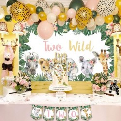 Two Wild Birthday Decorations for Girl Safari Jungle Balloon Pink Tropical Palm Leaves Backdrop Photo Banner Garland Party Su...