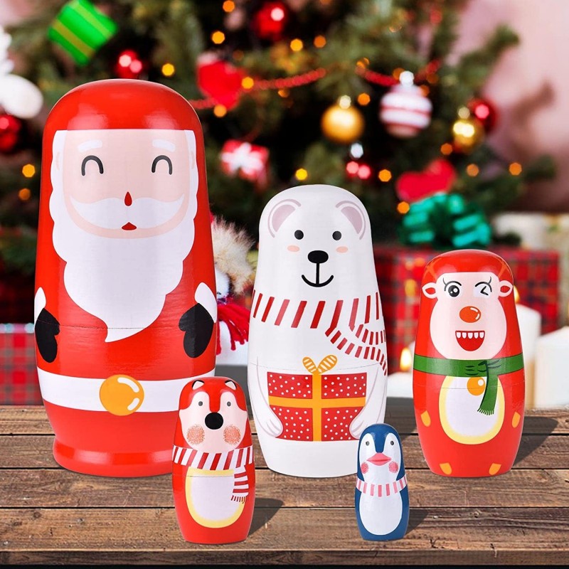 Christmas Nesting Dolls-5 Pcs 6" Tall-Handmade Russian Nesting Dolls-Wooden Stacking Toys for Kids Toddlers Christmas Birthda...