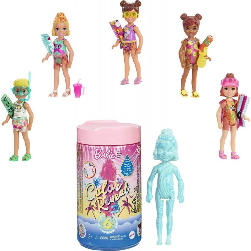 Chelsea Color Reveal Doll with 6 Surprises: 4 Bags with Cover-Up Shoes Towel & Accessory Water Reveals Marble Blue Doll’s Loo...