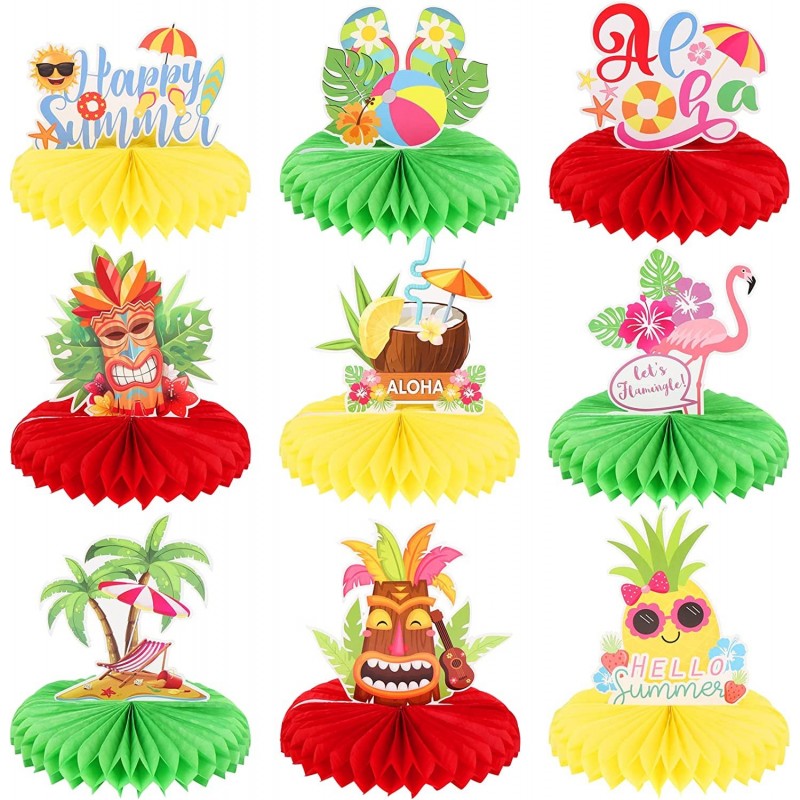 9 Pieces Summer Hawaiian Luau Honeycomb Table Centerpiece Tiki Bar Table Topper Decorations Luau Party Decorations for Hawaii...