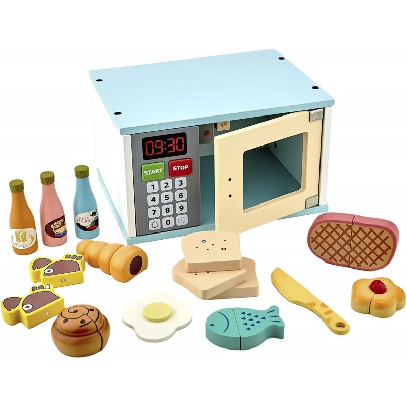 Wooden Microwave Toy Kitchen Set for Toddlers Play Kitchen Accessories Upgraded Toy Kids Microwave Tender Leaf Toys 15Pcs Kit...