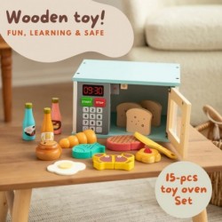 Wooden Microwave Toy Kitchen Set for Toddlers Play Kitchen Accessories Upgraded Toy Kids Microwave Tender Leaf Toys 15Pcs Kit...