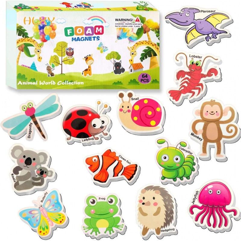 Refrigerator Magnets for Kids 64 PCS Animals Magnets Toys -Dinosaurs Insect Ocean Sea Animal Magnets - Foam Animal -Fridge Ma...