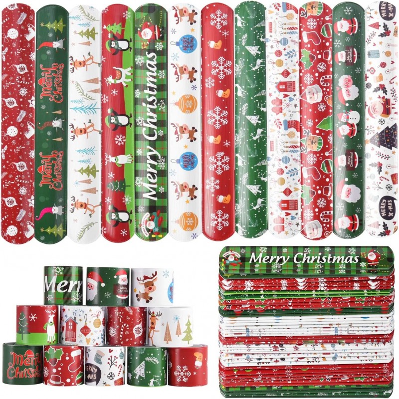 48PCS Christmas Slap Bracelets Slap Xmas Snap Bracelet Party Favors Toys Slap Bands Assorted Christmas Theme Pattern for Chri...