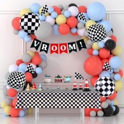 Race Balloon Garland Arch Kit Pastel Coral Gray Yellow Baby Blue Black White Balloons with Checkered Foil Balloons Tablecloth...