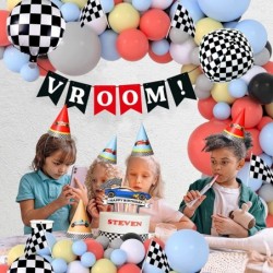 Race Balloon Garland Arch Kit Pastel Coral Gray Yellow Baby Blue Black White Balloons with Checkered Foil Balloons Tablecloth...