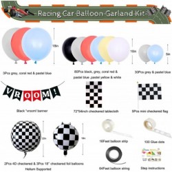 Race Balloon Garland Arch Kit Pastel Coral Gray Yellow Baby Blue Black White Balloons with Checkered Foil Balloons Tablecloth...