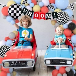 Race Balloon Garland Arch Kit Pastel Coral Gray Yellow Baby Blue Black White Balloons with Checkered Foil Balloons Tablecloth...