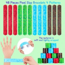 48 Pieces Pixel Themed Slap Bracelets Pixelated Video Game Themed Party Decorations Multicolor Miner Style Wristband Bracelet...