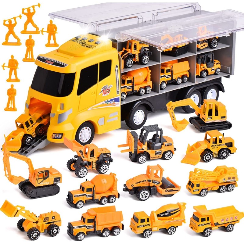 LOYEH 18 in 1 Die-cast Construction Truck Kids Play Vehicles Toy Set Construction Toy Truck with 12 Construction Vehicles and...