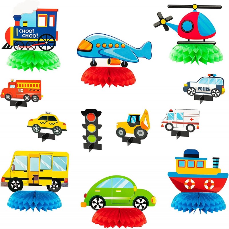 12Pcs Transportation Theme Honeycomb Centerpieces Table Topper Double Side Cardstock Transport Birthday Party Supplies Vehicl...