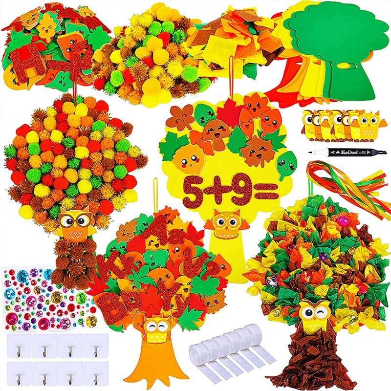 8 Sets Fall Crafts Kits Kids Fall Crafts Bulk Thanksgiving Crafts DIY Thankful Tree Art Sets Autumn Leaf Foam Stickers Pom-Po...