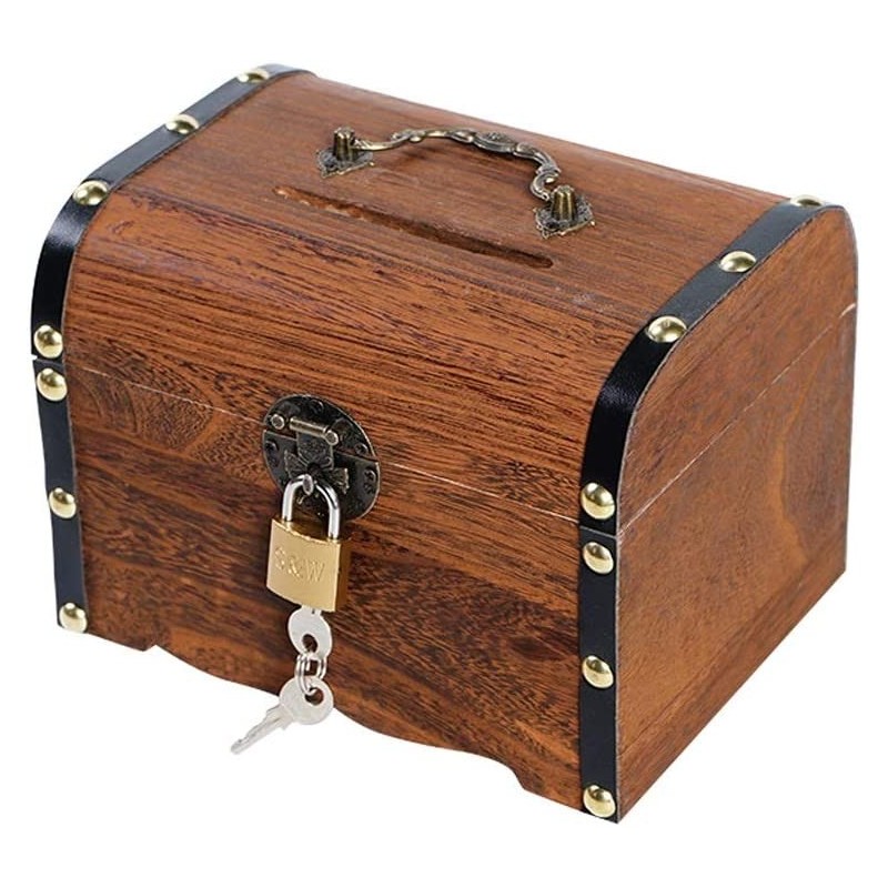 Piggy Bank Solid Wood Piggy Bank Vintage Treasure Chest Child Piggy Bank Lock Paper Money Boy Piggy Bank Can Be Taken Adult C...