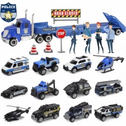 Die-cast Police Rescue City S.W.A.T. Car Toys Set w/ Heavy Duty Trailer & Police Patrol Cartoon Stickers 12 Packs Mini Police...