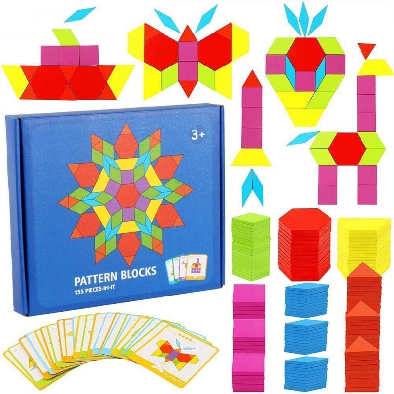 155PCS Wooden Pattern Blocks Set Geometric Shape Puzzles Classic Educational Toys Tangrams Set for Kids Ages 3-8 with 24 Pcs ...