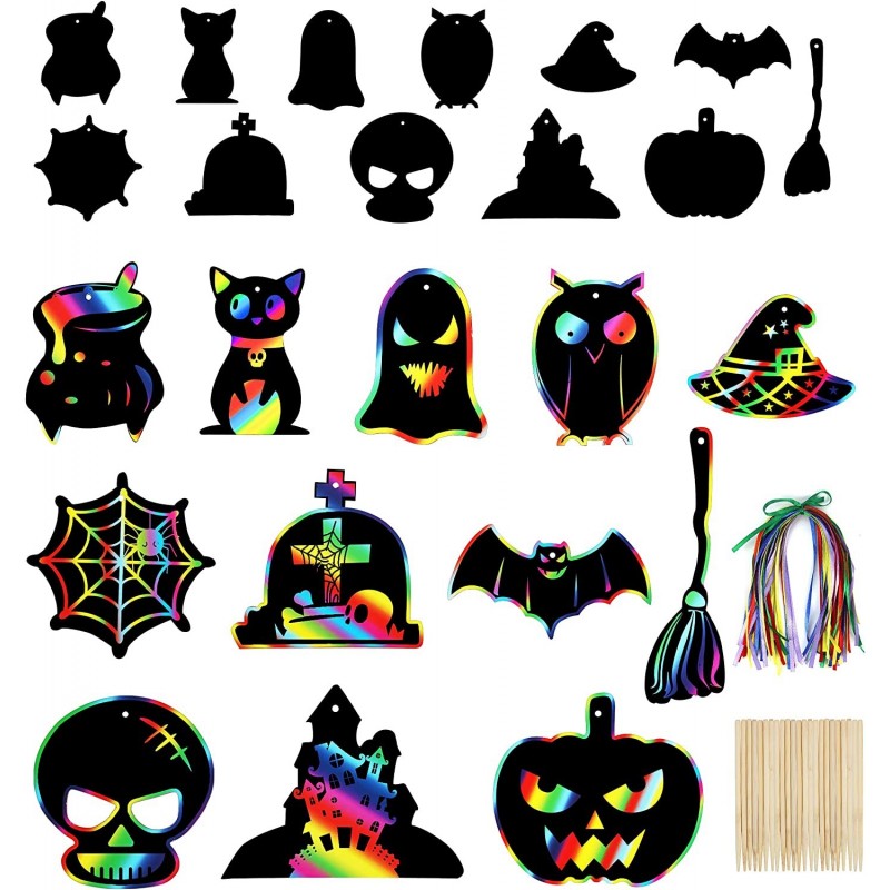 Halloween Crafts for Kids Scratch Art for Kids 48 Pcs Halloween Crafts Rainbow Scratch Paper Colorful Magic Cards for Hallowe...