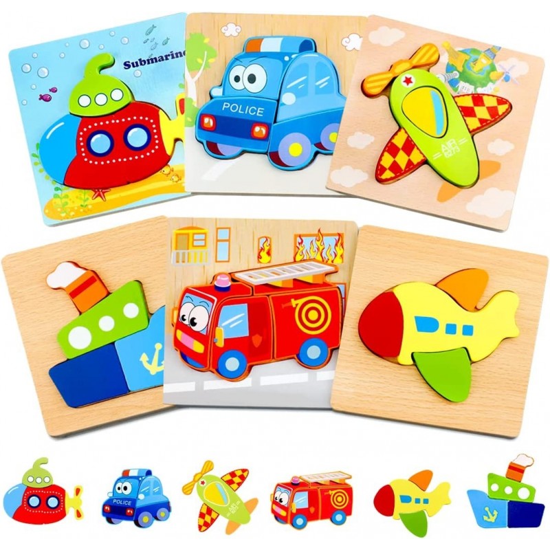 Toddler Toys Wooden Puzzles for Toddlers 1 2 3 Year Old Boys Girls Montessori Toys 6 Packs Vehicle Shape Jigsaw Puzzles Senso...