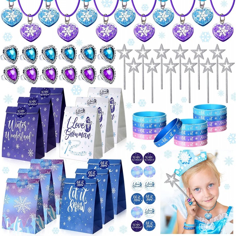 72 Pcs Winter Party Favors Snowflake Gift Bags with Stickers Princess Wand Snowflake Silicone Bracelet Necklace Ring for Kids...