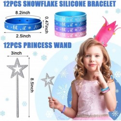 72 Pcs Winter Party Favors Snowflake Gift Bags with Stickers Princess Wand Snowflake Silicone Bracelet Necklace Ring for Kids...