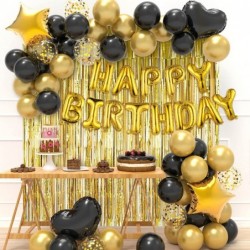 Birthday Party Decorations Happy Birthday Balloons Banner with Black and Gold Balloons Set Gold Foil Fringe Curtain for Men W...