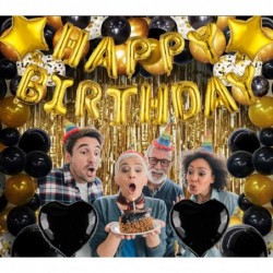 Birthday Party Decorations Happy Birthday Balloons Banner with Black and Gold Balloons Set Gold Foil Fringe Curtain for Men W...