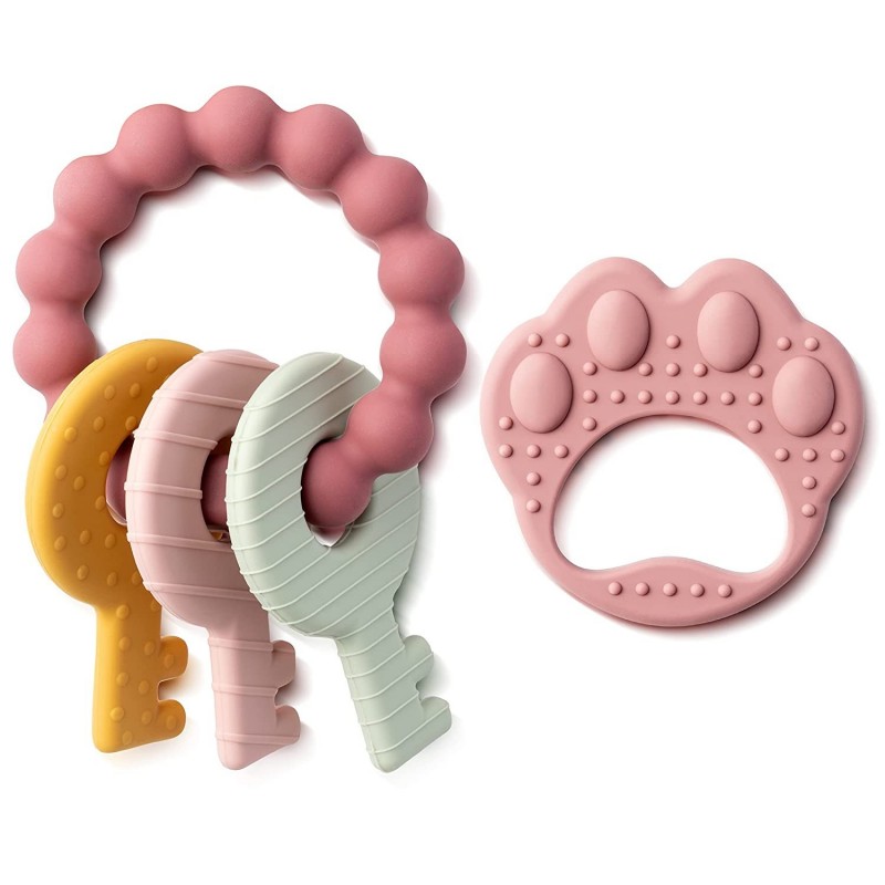 2Pcs Silicone Teething Toys for Babies Pink Baby Wrist Teething Toys Infants Soft Teether Toys Toddlers Key Paw Design Toys B...