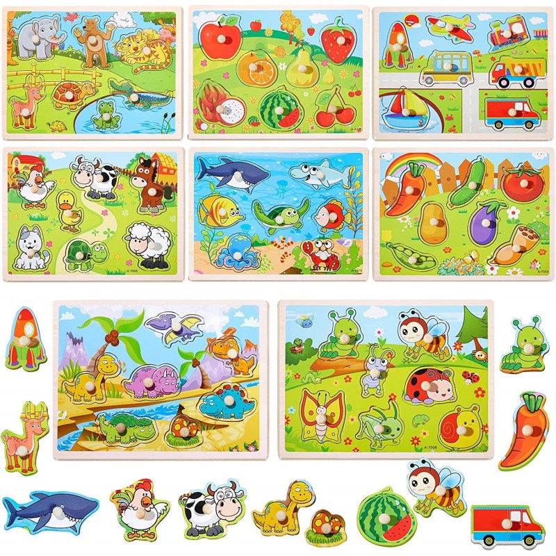 8 Pack Wood Puzzles for Toddlers 1 2 3 4 Years Wood Puzzles Peg Puzzles for Toddlers Wood Toddler Puzzles with Animal Vehicle...