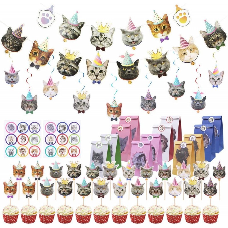 61Pcs Cat Birthday Decoration 14 Pcs Cat Face Birthday Banner with 24 Pcs Puppy Cupcake Toppers 9 Pcs Hanging Swirl Decoratio...