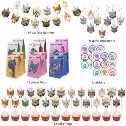 61Pcs Cat Birthday Decoration 14 Pcs Cat Face Birthday Banner with 24 Pcs Puppy Cupcake Toppers 9 Pcs Hanging Swirl Decoratio...