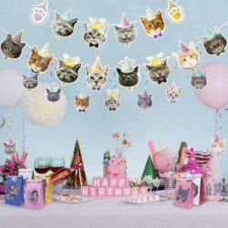 61Pcs Cat Birthday Decoration 14 Pcs Cat Face Birthday Banner with 24 Pcs Puppy Cupcake Toppers 9 Pcs Hanging Swirl Decoratio...