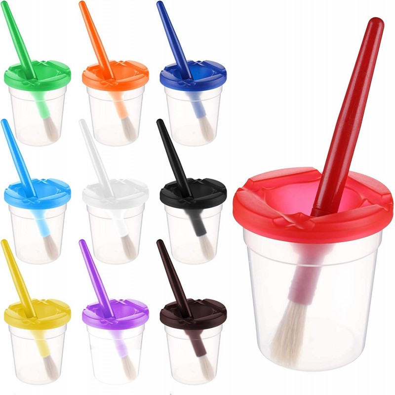 10 Pack Spill-Proof Paint Cups with Paint Brushes and Lids Kids Painting Tools Hog Bristle Brushes for Watercolor Tempera Was...