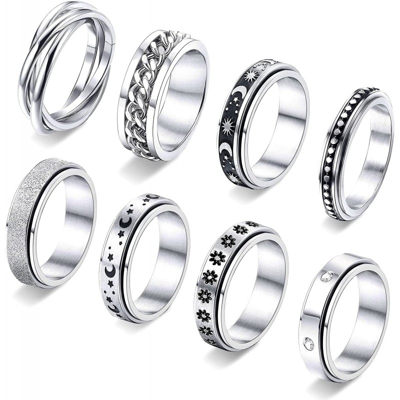 8Pcs Fidget Rings for Anxiety for Women Men Stainless Steel Spinner Ring Anxiety Ring Moon Star Flower Cool Stress Relieving ...