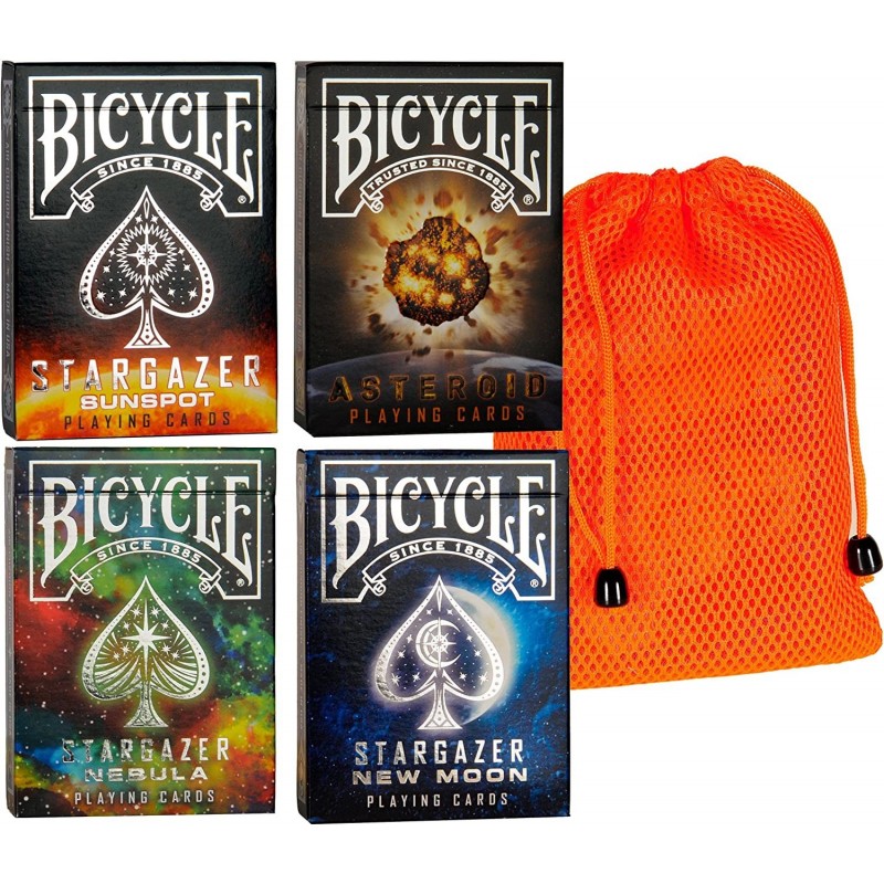 Bicycle Stargazer: Asteroid Sunspot Nebula and New Moon Playing Card Custom Bundle with Orange Mesh Storage Pouch $51.29 Card...