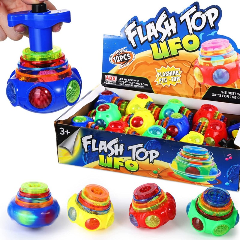 12 Pcs UFO Top Light Toy LED Light up Toy Music Flashing Spinner Toy for Party Supplies 3 Colors $46.43 Spinning Tops