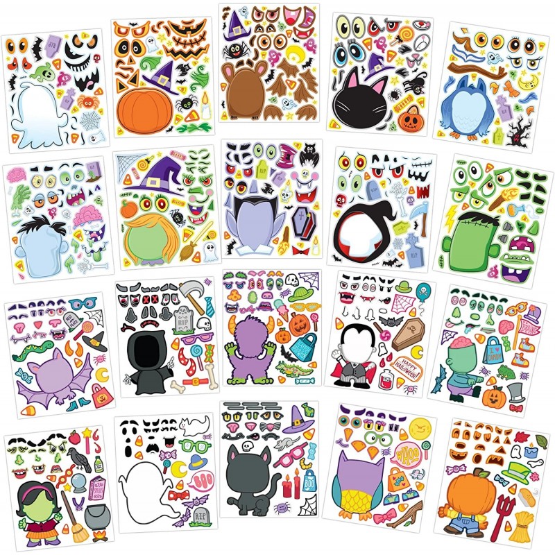 20 Pcs Make-a-face Sticker Sheets Make Your Own Halloween Characters Mix and Match Sticker Sheets Bonus with Coloring Sheets ...