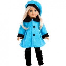 Parisian Stroll - 4 Piece Outfit - Blue Fleece Coat with Matching Beret Black Leggings and Boots - Clothes Fits 18 Inch Doll ...