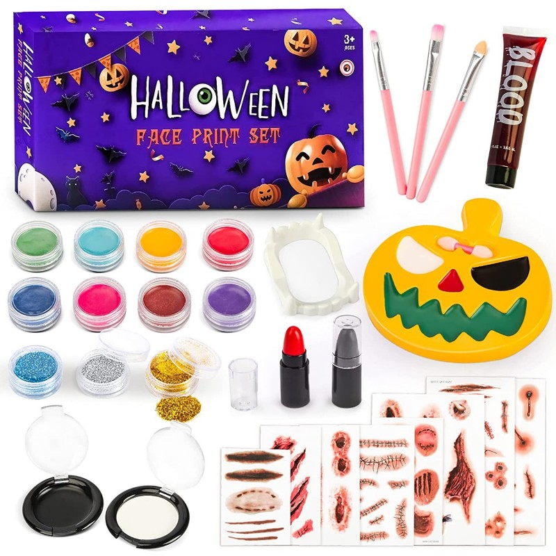 Carnival Face Paint Kids Makeup Kit 29 Pcs Painting Kit Including Halloween Pumpkin Sponges Color Block Lipstick Glitters Tat...