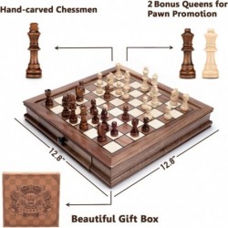 Magnetic Wooden Chess Set 12.8" x 12.8" Chess Board Game with 2 Built-in Storage Drawers - 2 Bonus Extra Queens - Chess for B...