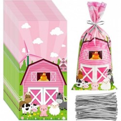 100 Pcs Pink Farm Animals Party Cellophane Treat Bags Farmhouse Plastic Goodie Candy Favor Bags Treat Bags with 100 Twist Tie...