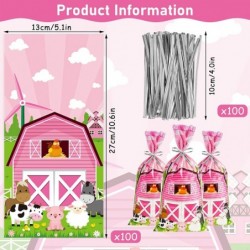 100 Pcs Pink Farm Animals Party Cellophane Treat Bags Farmhouse Plastic Goodie Candy Favor Bags Treat Bags with 100 Twist Tie...