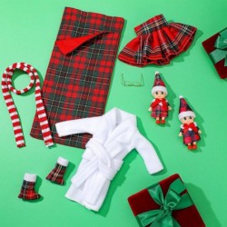 8 Pcs Christmas Elf Dolls Accessories Include Mini Elf Doll Elf Sleeping Bag Bathrobe Skirt Glasses Boots Red and White Strip...