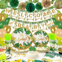 133 Pieces Jungle Safari Baby Shower Decorations for Boy or Girl - Greenery Oh Baby Plates Napkins and Cups Animal Cake Toppe...