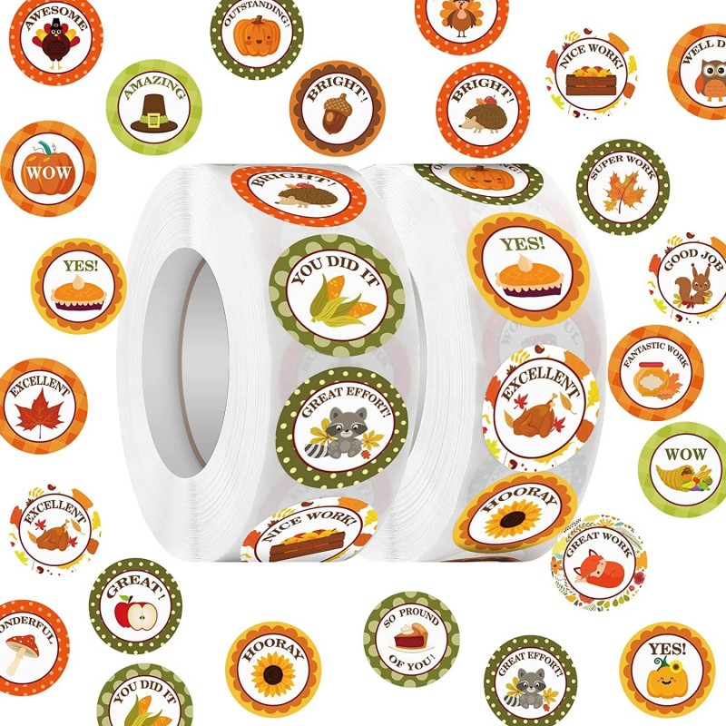 2000 Pcs Fall Teacher Reward Stickers for Kids Round Motivational Reward Stickers Pumpkin Turkey Stickers for Thanksgiving Fa...