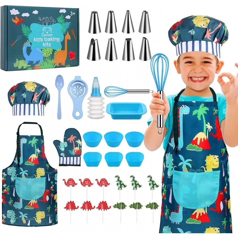 Children’s Cooking and Baking Set 34-Pcs Includes Apron for Little Boys Chef Hat Oven Mitt & Utensil to Dress Up Chef Career ...