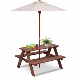 Kids Picnic Table Toddler Outdoor Wooden Table & Bench Set with Umbrella Children Patio Backyard Set Kids Rectangular Table a...