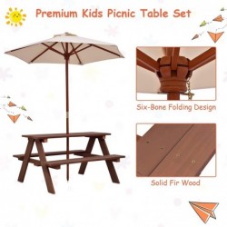 Kids Picnic Table Toddler Outdoor Wooden Table & Bench Set with Umbrella Children Patio Backyard Set Kids Rectangular Table a...